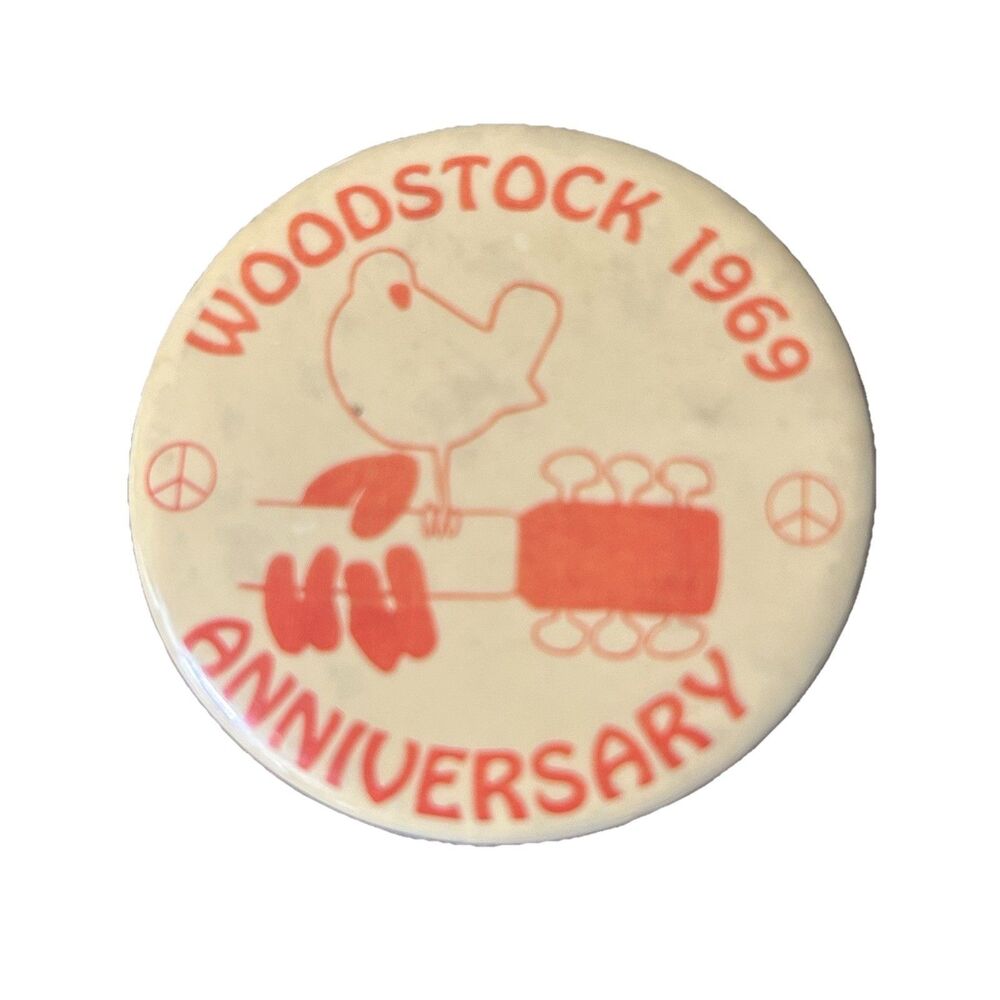 Vintage Woodstock 1969 Anniversary Pin Button Peace Festival Dove Guitar